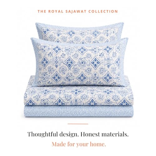 Image of Naksh Queen Size Bed Sheet Blue Geometric Print 2 Pillow Covers | Modern Blue Geometric Print with Symmetrical Pattern | Bed Sheet Double Bed | Royal Sajawat Collection |