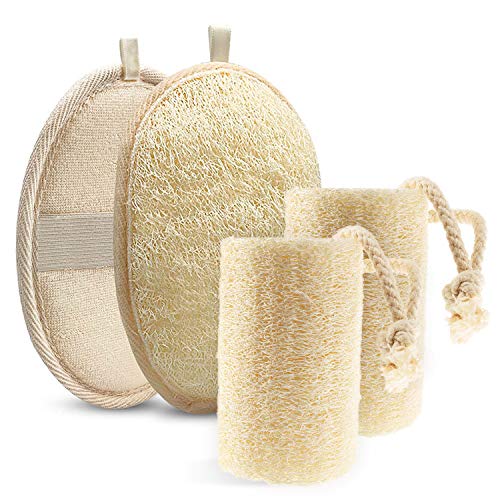 Melveen Natural Loofah, 100% Organic Shower Loofah Sponge Exfoliating Loufa Sponge Set, Bath Body Scrubbers for Removing Dead Skin, Close Skin Care for Men and Women [4 Pack]