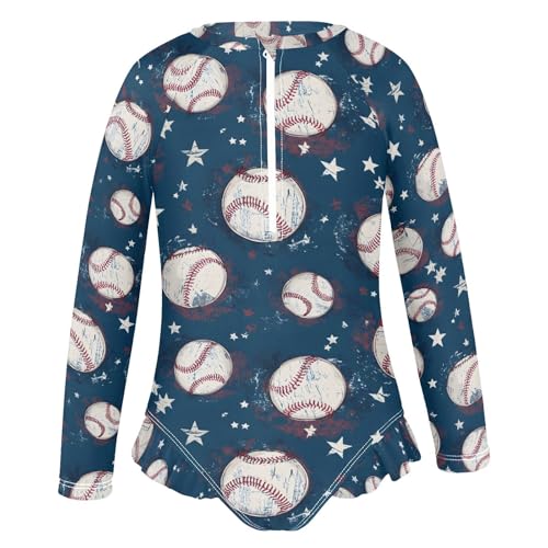 ALAZA Retro Baseball Star Vintage Girls One Piece Swimsuit Long Sleeve Rash Guard Swimsuits UV 50+ Swimwear Zipper2