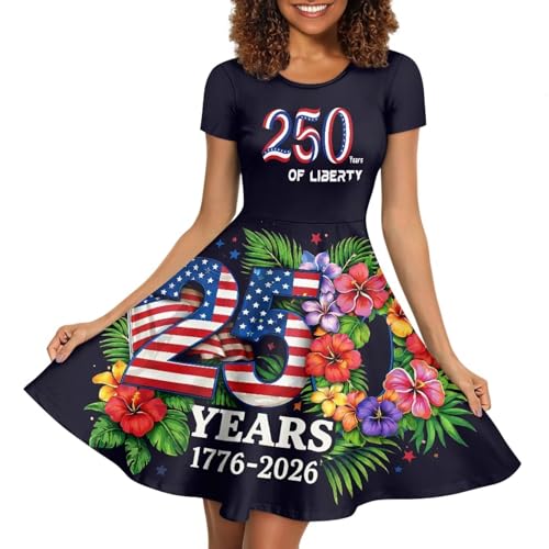 Image of HUGS IDEA Womens Puffy Swing Midi Dress Round Neck Short Sleeve Party A-Line Dresses