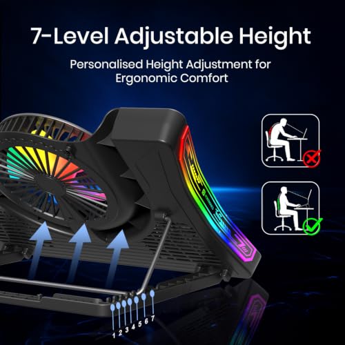 Image of Portronics AeroDock Pro Laptop Cooling Pad with High-Speed Fan, 115 CFM Airflow, 10 RGB Lighting Modes, Built-in Phone Holder, Adjustable Height, Noiseless Fans and Dual USB Ports, Black
