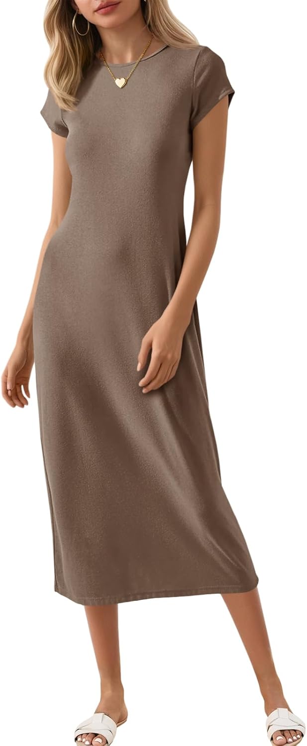 Wenrine Women's Short Sleeve T-Shirt Dress Summer Crew Neck Basic Solid Casual Long Midi Dresses