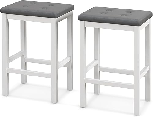 COSTWAY Juego de 2 taburetes de bar, 24 pulgadas de altura de mostrador sin respaldo con asiento acolchado, reposapiés y marco de madera de goma,