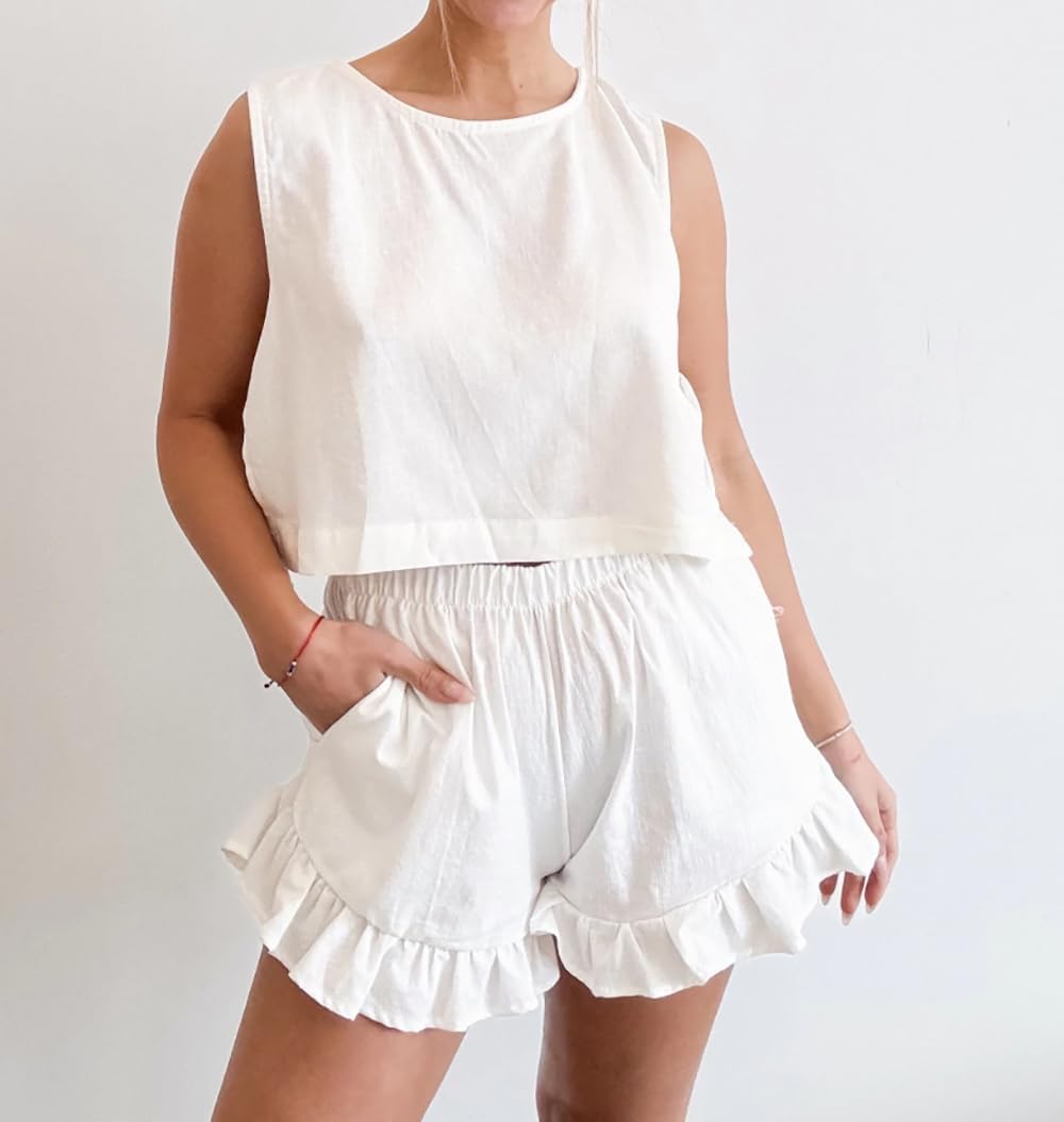 Women Summer 2 Piece Sets Side Tie Crop Tank Top And High Waist Ruffle Shorts Cozy Beach Vacation Outfits - Image 2