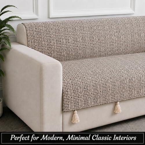 Image of STITCHNEST 'Nomad Weave Collection' 2 Seater Sofa Cover - Full Coverage| Elegant Jacquard Fabric, Decorative Tassels, Washable & Durable for Modern Living16