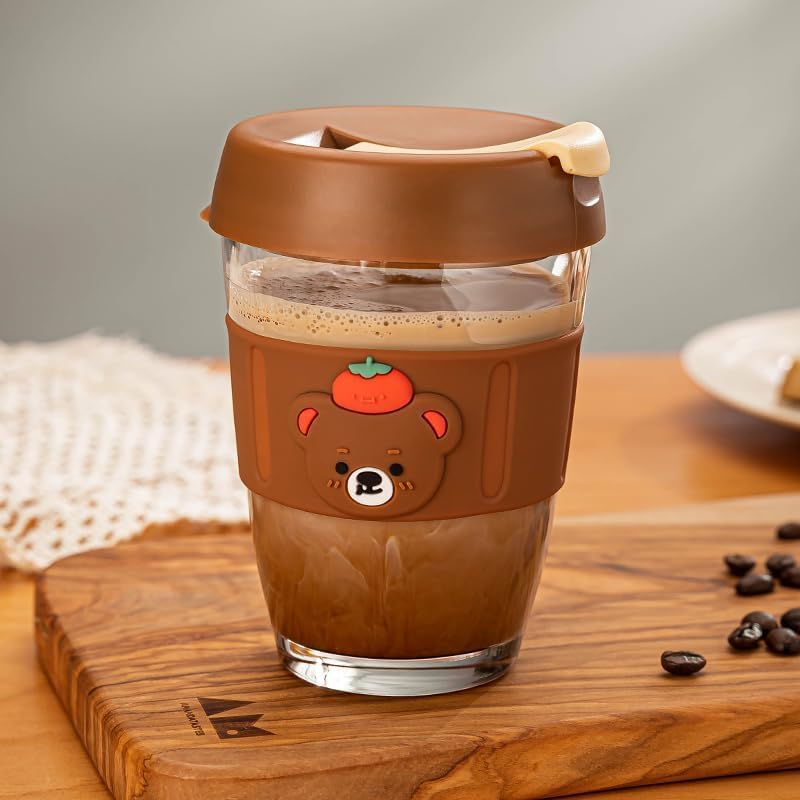 Image of Kamvy Cute Glass Mug with Lid & Silicone Cartoon Sleeve | Pack of 1, 350ml Leakproof Sipper Cup | Heat Resistant Glass Cup for Coffee | Reusable Travel Mug for Kids & Adults (BROWEN)