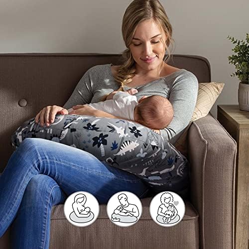 Boppy Original Nursing Pillow and Positioner, Gray Dinosaurs, Cotton Blend Fabric with Allover Fashion