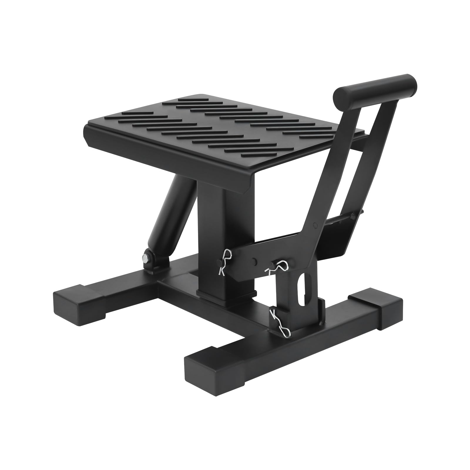 Elevador de motocicleta, rango de elevación de 25 a 34 cm, ancho de plataforma de 17 cm, capacidad de carga de 200 kg, soporte de motocicleta con 3 pernos de seguridad, plataforma elevadora de acero