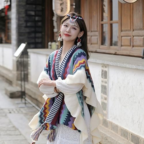 Women Wave Stripes Fall Winter Warm Cashmere-like Shawl Wrap Cardigan Open Front Poncho2