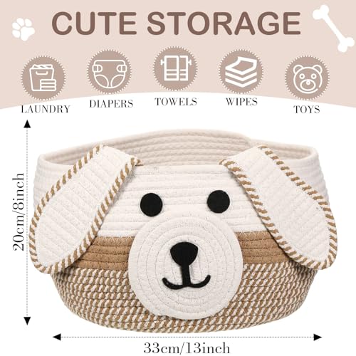 Image of Zopeal Dog Woven Basket Cute Woven Cotton Rope Puppy Animal Storage Basket for Laundry Toy Gift(Khaki, White,13 x 8 Inch)