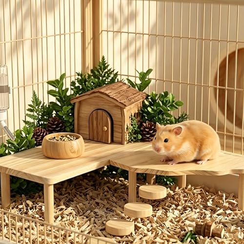 Holz Hamsterkäfig Plattform, Haltbarkeit, Hamsterhaus mit Kletterleiter, verschleißfest, lustiges Haustierspielzeug, Übung, hölzernes Nagetier Anreicherungsspielzeug-5