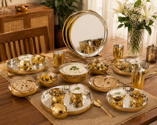 Image of Silverglow Hammered Stainless Steel Dinner Set of 24 pcs, Gold Plated Dinnerware Set for 4 People, Diwali Wedding Return Gift, Hotel Restaurant Steel Luxury Gold Plate Set