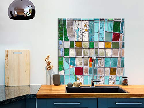 murando Glass Splashback for Kitchen Backsplash Cooker Protector Tempered Glass Splashbacks for Cookers Decorative Wall Art Heat Resistant Graphic 60x60cm / 24"x24" Abstract Mosaic Tiles f-B-0279-aq-a