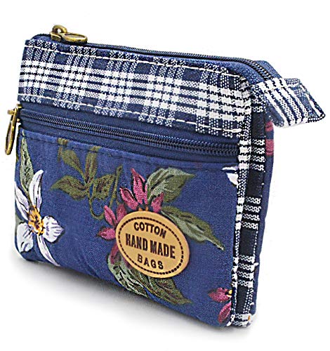Women Small Zipper Coin Purse - Handmade Fabric Flower Embroidered Change Pouch - Cotton Double Zipper Wallet #TOP4