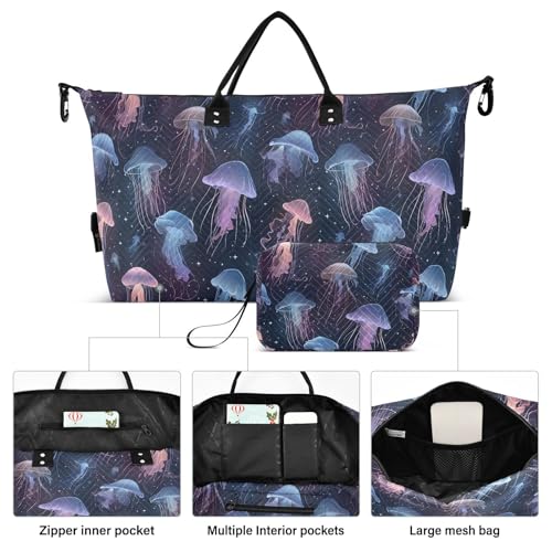 Beautiful Jellyfish Blue Large Travel Duffle Bag Weekender Overnight Bags Gym Yoga Bag for Women Men with Toiletry Bag2