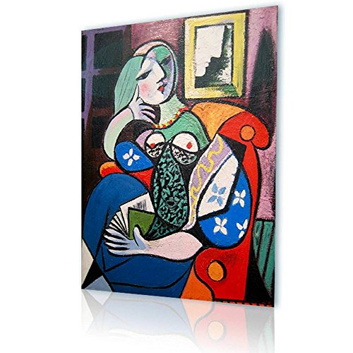Alonline Art - Woman With Book By Pablo Picasso | Framed Stretched Canvas On A Ready To Hang Frame - 100% Cotton - Gallery Wrapped | 12"X16" - 30X41Cm | Wall Art Home Decor For Living Room Paint Hd #TOP6