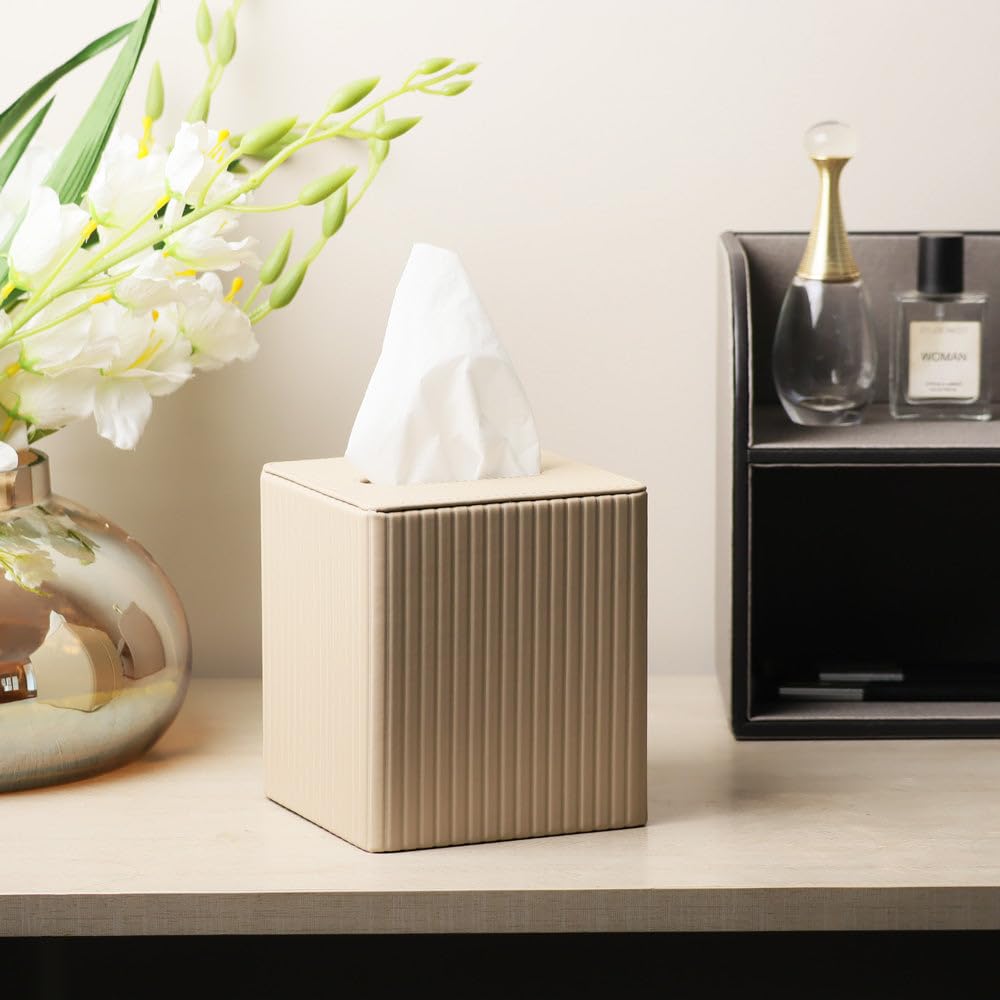 Columns Square Tissue Box Holder | PU Leather Material | Facial Tissue Holder for Bathroom Home Office Car| Textured Finish Paper Tissue Holder | Easy to Refill with Bottom Opening - Taupe — Amazon image 3