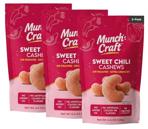 Image of Munch Craft Gourmet Sweet Chili (Guava Blaze) Cashews (3-Pack) - Perfectly Balanced Flavor (Tropical Guava & Red Chili) - Extra Crunchy Air-Roasted Nuts, Oil-Free - No Artificial Colors or Flavors - Three 4.4 oz Bags (13.2 oz Total)