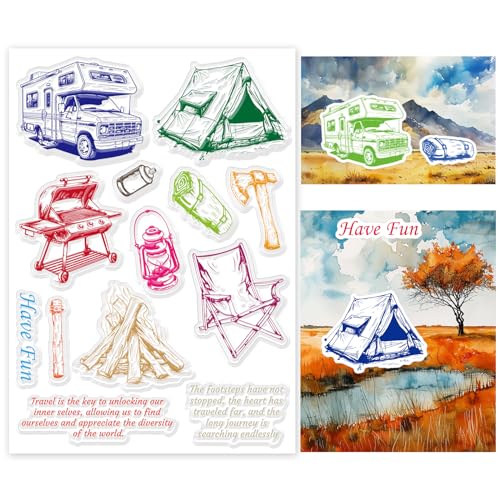 INFUNLY Camping Clear Stamps for Card Making Colorful Rubber Stamp for DIY Scrapbooking Outdoor Travel Series and Phrases