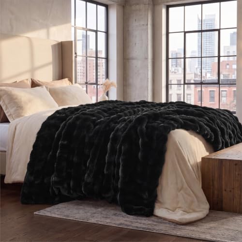 Image of Bedsure GentleSoft Bubble Faux Fur Blankets Queen Size, Fluffy Fuzzy Queen Blanket for Bed, Soft Cozy Faux Fur Bedding for Winter, Thick Warm Plush Bed Cover, Black, 90x90