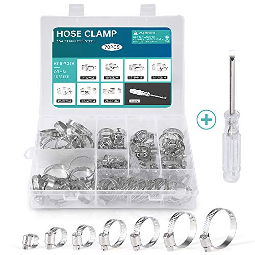 Hose Clamps Assortment, 70Pcs Worm Drive Hose Clamp Adjustable 6-38mm Diameter Range Stainless Steel Pipes Hose Ducting Clips Kit with Screwdriver for Plumbing Automotive Mechanical Application