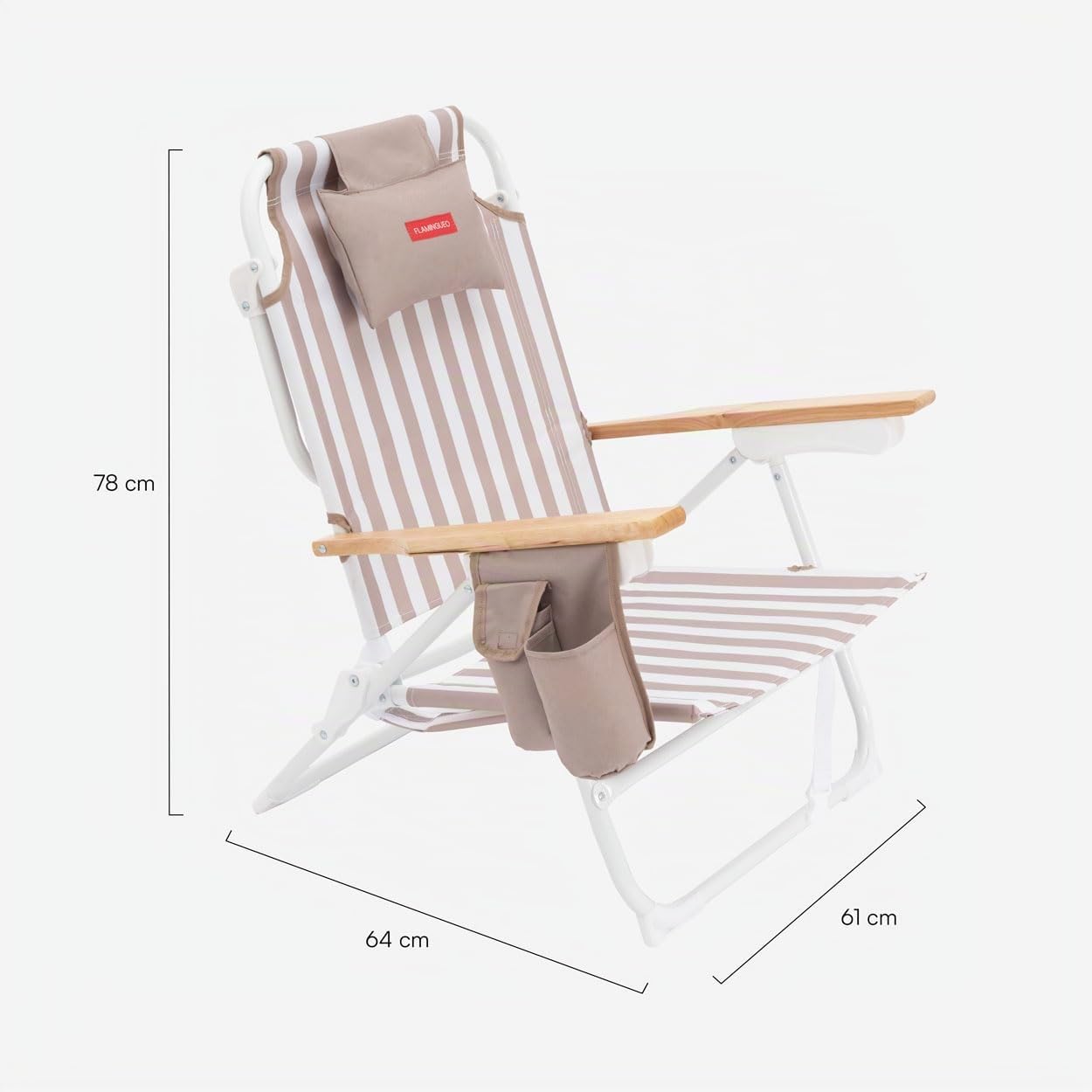 Flamingueo Sedia da Spiaggia Pieghevole - Reclinabile 5 Posizioni - Tasca Termica - Tasca per Cellulare - Maniglie Tipo Zaino - Cuscino Ergonomico - Alluminio e Poliestere - Beige