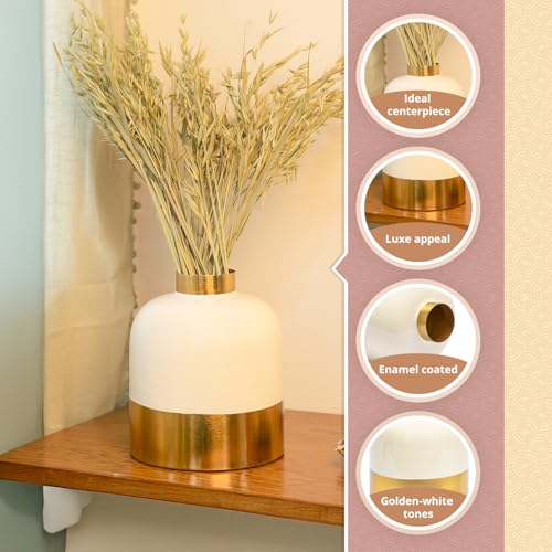 Image of MARKET 99 Golden & White Iron Enamel Flower Vase, Decorative Metal Vase for Fresh & Artificial Flowers, Table Centerpiece for Living Room, Office, Hotel, Restaurant, Reception & Home Decor