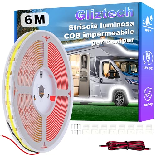 Gliztech 12V COB Luce per Tendalino camper, luce Esterna per Tendalino Camper, kit Luci a LED IP67 Impermeabile, Adatta per Camper, Roulotte, Rimorchi e Camion per Catering. (Bianco, 6m)