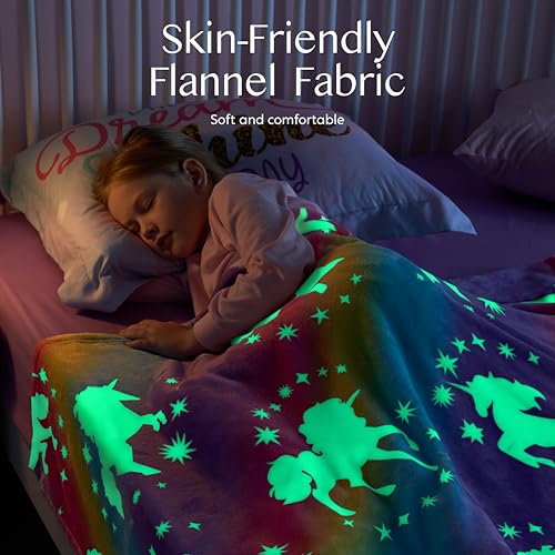 Joiedomi Glow in The Dark Blanket Unicorn Toys for Girls Age 2 3 4 5 6 7 8 9 10 11 12 Year Old Girl Gifts, Soft Cozy Flannel Kids Throw Blanket, Birthday Bedroom Decor 50"×60"