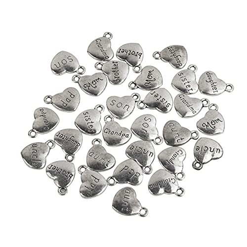 AUEAR, 30 Pack Family Charms Bulk Heart Shaped Pendant Loose Beads Bulk Mom Dad Brother Sister Grandma Grandpa Uncle Aunt Daughter Son for Jewelry Making Wine Charms Decoration