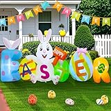 Joliyoou 8FT L Easter Inflatable Yard Decoration, Lighted Blow Up Bunny Sitting with Easter Eggs, Light Up Air Blown Rabbit Happy Easter for Spring Holiday Lawn Garden Indoor Outdoor Decors