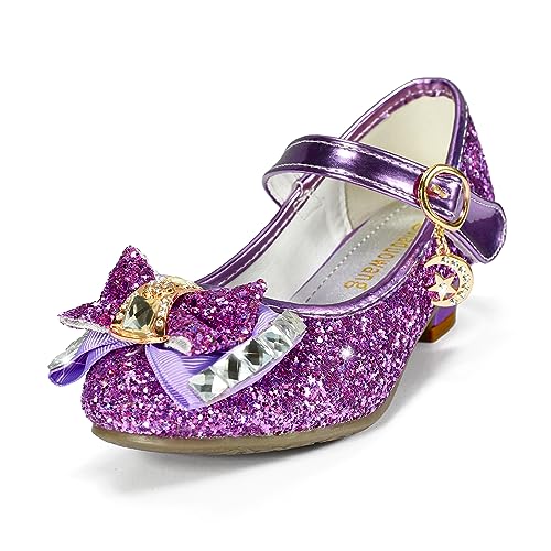 TRIWORIAE-Zapatos de Princesa Elegantes para Niñas de Tacón con Lentejuelas Purpurinas para Disfraz, Fiestas, Bodas Morado 34