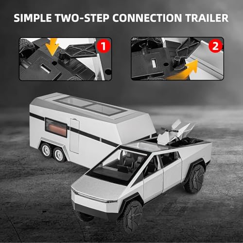 Image of 1:32 Scale Die-Cast Tesla CyberTruck with Pick-Up Trailer with 6 Openable Doors Pull Back Toy Car with Lights & MusicToy Car Gift for Kids (1:32 Cybertruck - Silver)