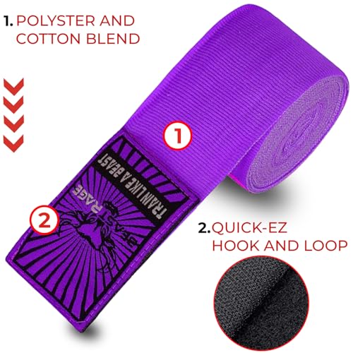 BEAST RAGE Boxing Hand Wraps for MMA Kickboxing Wrist Wraps Professional Adult 180\" Semi-Elastic Martial Arts Inner Gloves Heavy Bag Handwraps Muay Thai Thumb Straps (Purple, 4.5 M) - Thumbnail 6