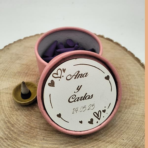 Lote de 20 Set Incienso olor a lavanda detalle boda, comunion, con tapa de madera personalizada mediante grabado laser