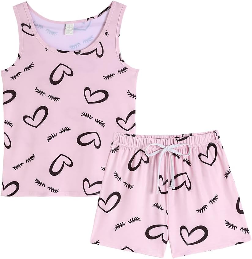 VENTELAN Women Pajamas Cute Tank and Shorts Set Soft PJS Sleepwear Loungewear Pink-love Large