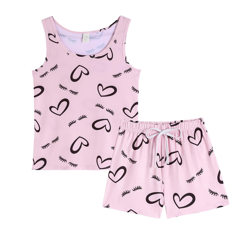 VENTELAN Women Pajamas Cute Tank and Shorts Set Soft PJS Sleepwear Loungewear Pink-love Medium