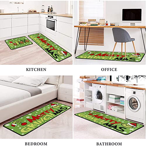 Faptoena Merry Grinchmas Kitchen Rugs And Mats Set Of 2,Christmas Grinch Kitchen Decoration,Non Slip Absorbent Kitchen Mat Waterproof Runner Rug For Laundry Room And Sink 17X 48 Inches #TOP5
