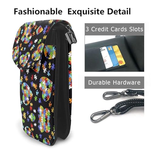 women leather Cell Phone Purse Autism Awareness Puzzle Pieces Heart picture Soft, durable and waterproof PU leather Convenient for daily use and travel, Black2