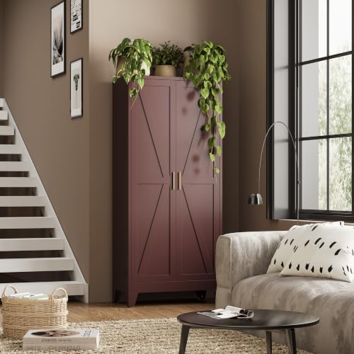 Image of Bevivog 61 inch Metal Storage Cabinet with 2 Doors and 3 Adjustable Shelves, Tall Bathroom Cabinet Freestanding, Farmhouse Metal Pantry Cabinets for Kitchen, Living Room, Home Office