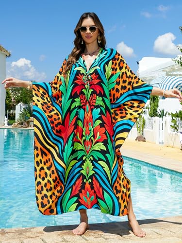 Image of IMAGEKOPE Women's Plus Size Animal Print V-Neck Batwing Kaftan Beach Dress Bathing Suit Cover-Up Loungewear