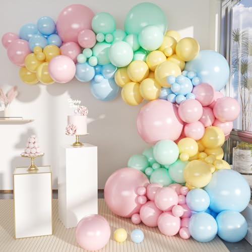 Image of MEBAY Pastel Balloon Garland Arch Kit, 146Pcs Macaron Pink Blue Green Yellow Latex Balloons Different Sizes 18 12 10 5 Inch for Gender Reveal Baby Shower Wedding Birthday Party Decoration