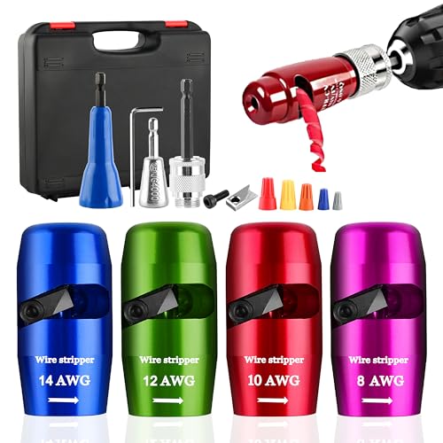 Drill-Powered Wire Stripper and Twister Tool Kit with 4 interchangeable heads and accessories - Connector Tool for Power Drill specially designed for stripping the insulating layer of AWG