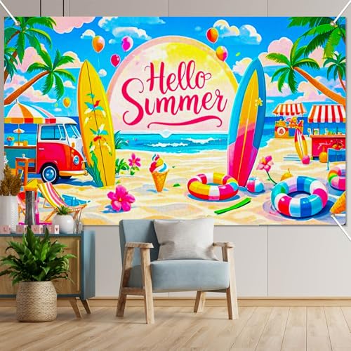 Image of BlissYard Hello Summer Banner 71 x 43 Inch Summer Party Decorations Backdrop Beach Car Surfboard Ice Cream Luau Party Decorations Pool Party Photo Backdrop Indoor Outdoor Wall Decor