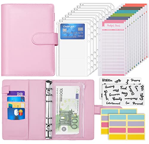 KTRIO A6 Budget Planner Finanzplaner Ringbuch Geldumschläge Umschlagmethode Sparen PU Leder Budget Binder mit 8 Binder Taschen, 12 Budgetblättern, 16 Etiketten, 2 Blatt Stickers, 1 Lineal, Rosa Cover