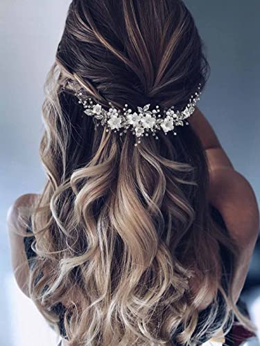 Vakkery Blumen Hochzeits Haarranken Silber Kristall Braut Kopfschmuck Perle Strass Braut Haarschmuck für Frauen und Mädchen (Silber)