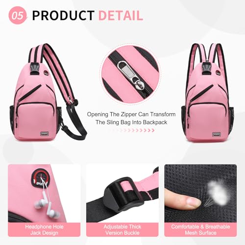 Image of Convertible Sling Bags for Women Men, Lightweight Crossbody Backpack Daypack Fit for 11 inch Tablet for Casual Travel Sport Hiking (Pink)