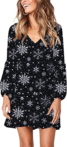 Roshop Damen Mode Schöne V-Ausschnitt Langarm Halblanges Kleid, Schneeflocken schwarz, Mittel