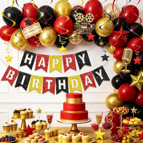 Image of BEISHIDA Red Black Gold Happy Birthday Banner for Kids Cartoon Birthday Decor