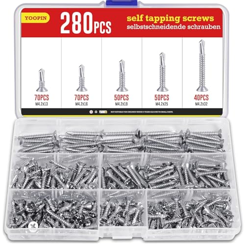 YOOPIN 280 Stück Selbstschneidende Schrauben Kit Edelstahl Blechschrauben Selbstschneidend M4.2 Selbstbohrende Bohrschrauben (32mm/25mm/19mm/16mm/13mm) für Holz Metallplatten Dachfenster